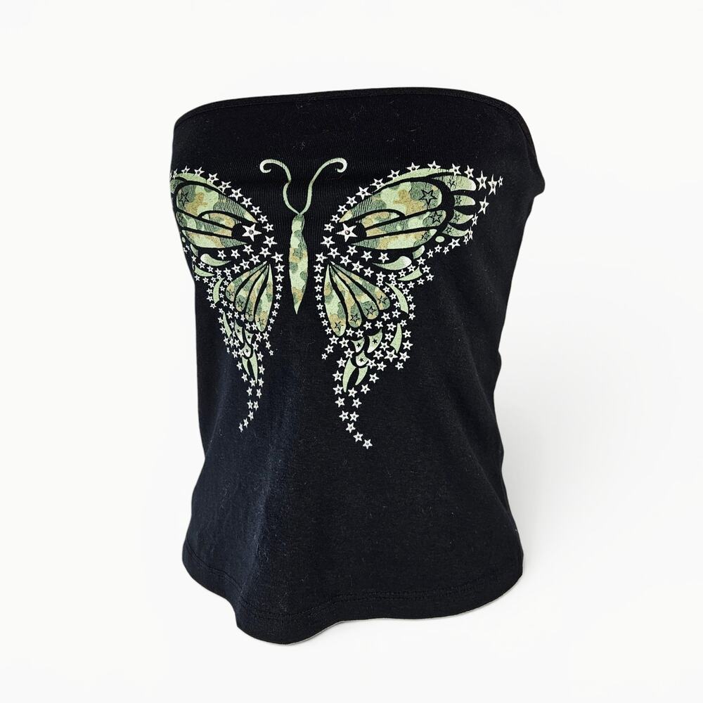 Y2k Tube Top Black Camo Butterfly McBling - Medium